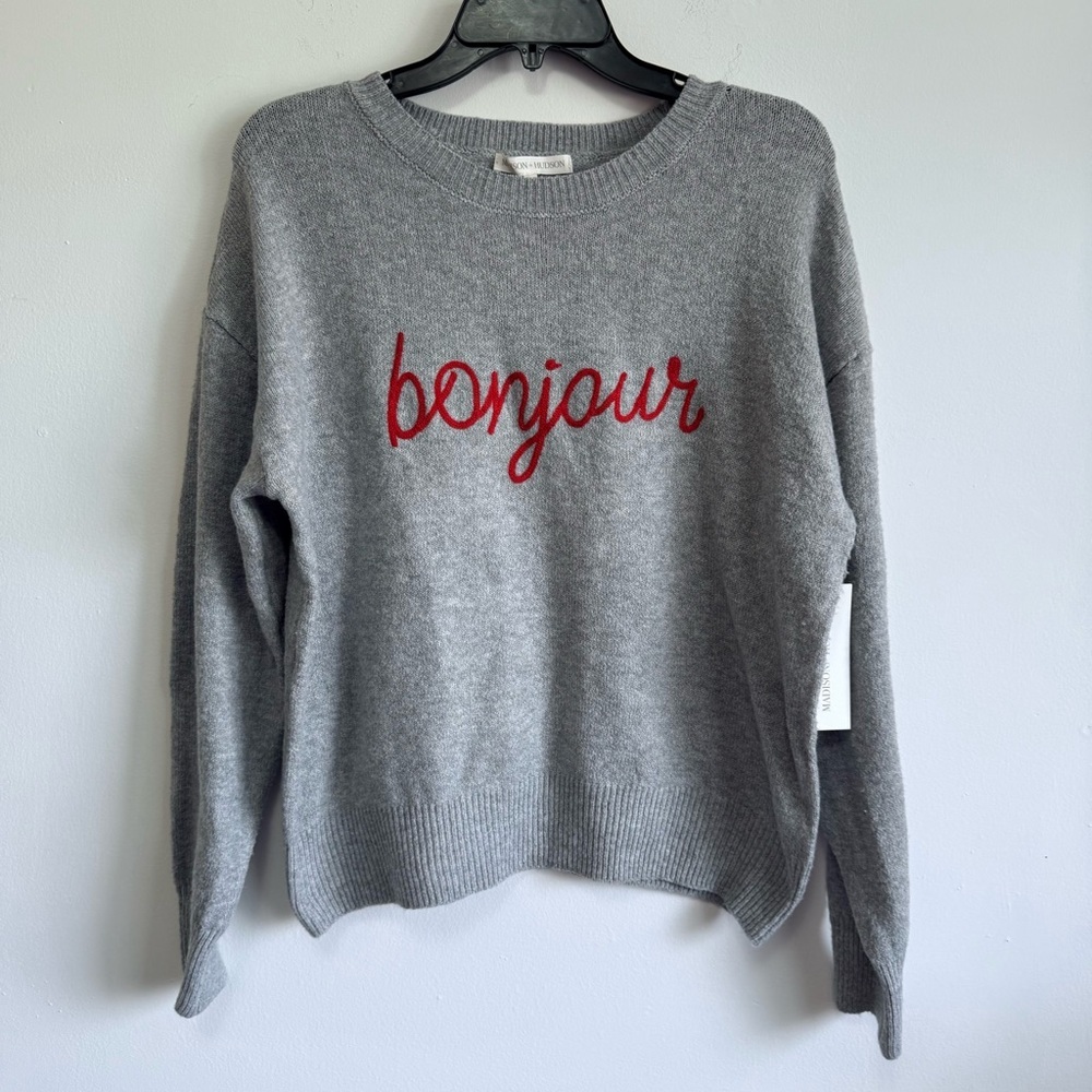 Madison + Hudson Grey Bonjour Graphic Sweater Red Cursive Embroidery NWT
